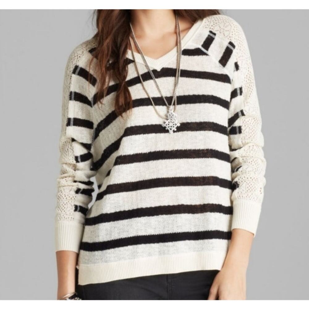 We the Free V Neck Gauzy Crochet Fluffy Lou Striped Sweater Cotton Knit‎ XS Top
